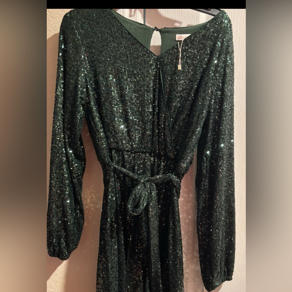 Girls Dark Green Sequin Long Sleeve Dress- Size L